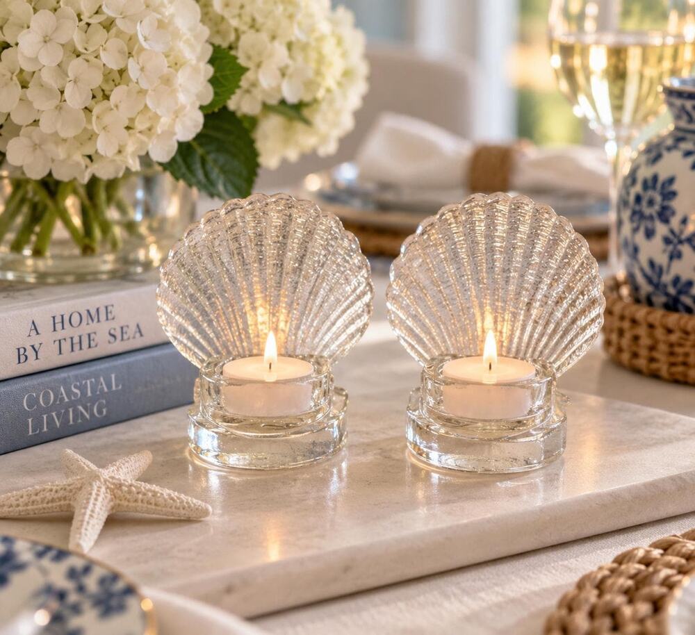 Vintage Clear Glass Scallop Shell Tealight Candle Holders Coastal Decor Pair